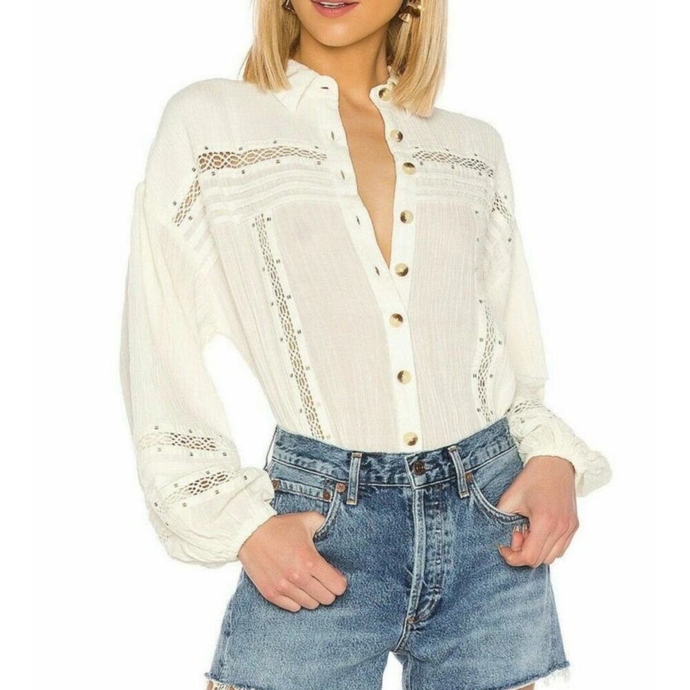 Free People Summer Stars Button Down Blouse Ivory Size L